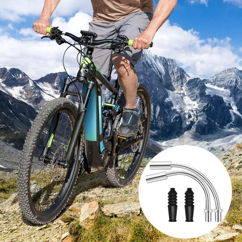 Cyclist in mountains with 32 Piece Bike V Brake Noodle And Cable Guide Tube Set With 90 Degree And 110 Degree Bend Pipes Plus Rubber Boots