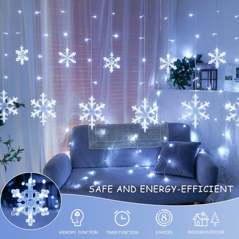Snowflake Icicle Christmas Lights For Outdoor Decor, 6.5Ft 144LED Curtain String With 12 Drops, 8 Modes in living room