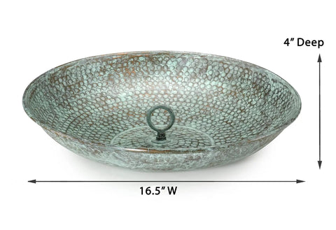 Large Sixteen And A Half Inch Diameter Rain Chain Basin In Blue Verde Pure Copper Hand Hammered Four Inch High Twenty Gauge Copper Connects Seamlessly To Rain Chains Dope Outdoor Decor, showing basin with textured surface and dimensions.