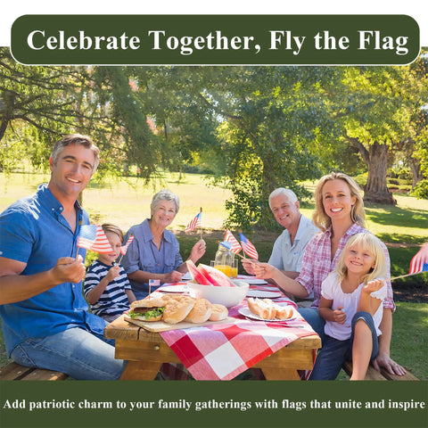 Family picnic with Bulk 100 Pack Handheld American Flags On Sticks 4x6 Inches For Memorial Day And Fourth Of July Decor