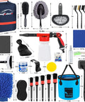 Pro Grade 42 Piece Car Wash Kit with Foam Gun Sprayer, brushes, collapsible bucket, and cleaning tools displayed with measurements.