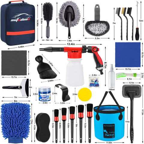 Pro Grade 42 Piece Car Wash Kit with Foam Gun Sprayer, brushes, collapsible bucket, and cleaning tools displayed with measurements.