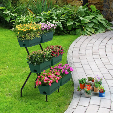 Two Column Vertical Raised Garden Bed With Six Planter Boxes, Heavy Duty Tiered Outdoor Indoor Garden Bed With Drainage Holes And Removable Trays For Flowers Vegetables And Herbs, Sturdy Green