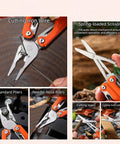 28-In-1 Pocket Multitool Pliers with Replaceable Bits showing wire cutter and spring-loaded scissors in use