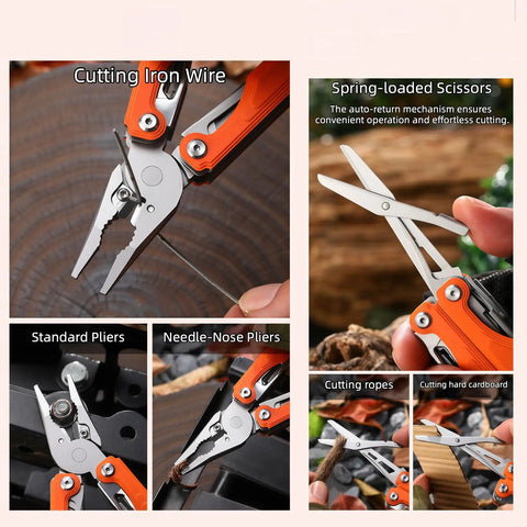 28-In-1 Pocket Multitool Pliers with Replaceable Bits showing wire cutter and spring-loaded scissors in use