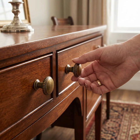 Hand reaching for classic round antique brass cabinet knobs set of 6 with 1 1/4 inch head diameter on wooden drawers.
