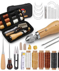 40 Piece Sewing Awl Kit With Storage Bag For Leather DIY Repair Portable Stitching Tool Set With Waxed Thread Multiple Needles And Easy Instructions Perfect For Hobbyists And Craft Lovers, showing tools, threads, and storage bag