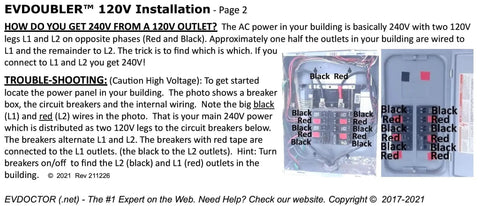 EVDOUBLER™ 120V installation guide showing circuit breaker panel wiring for 240V connection, black and red wires visible.