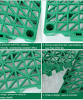 Interlocking Rubber Floor Tiles Eleven Point Six Inch Cushioned Mats With Drain Holes Non Slip Waterproof Splice Tiles For Pool Deck Patio Kitchen Bathroom 12 Pack Green Pet Friendly And Easy To Install showing close-up of grid design and snap-in edges.