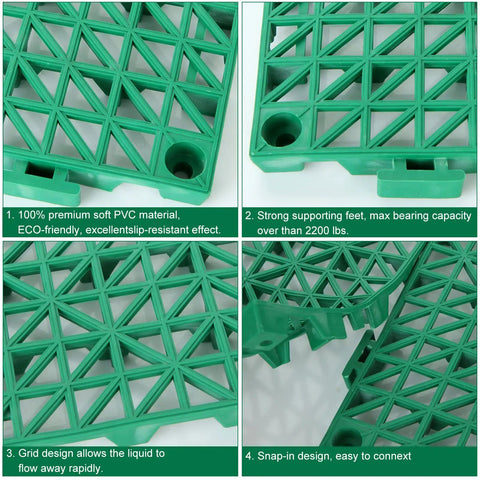 Interlocking Rubber Floor Tiles Eleven Point Six Inch Cushioned Mats With Drain Holes Non Slip Waterproof Splice Tiles For Pool Deck Patio Kitchen Bathroom 12 Pack Green Pet Friendly And Easy To Install showing close-up of grid design and snap-in edges.