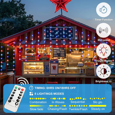 Hanging Star Curtain Lights For Window With 70 Star String Lights USB Plug In 8 Modes Twinkle Fairy Lights Lit Red White Blue Holiday Decor