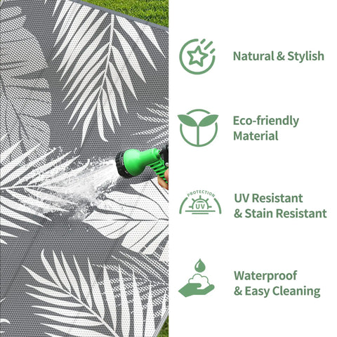 Waterproof Outdoor Rug 5x8 Feet Double-Sided Palm Leaf Pattern Grey And White Plastic Patio Mat Easy To Clean