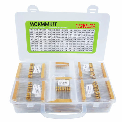 Ultimate Resistor Kit Starter Pack with 1500 carbon film resistors, 150 values, 1/2 watt, 5% tolerance in a storage box