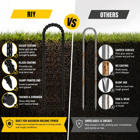 Comparison of heavy duty trampoline stakes anchors 12 inch ground anchors with T hook and regular stakes showing durability and design.
