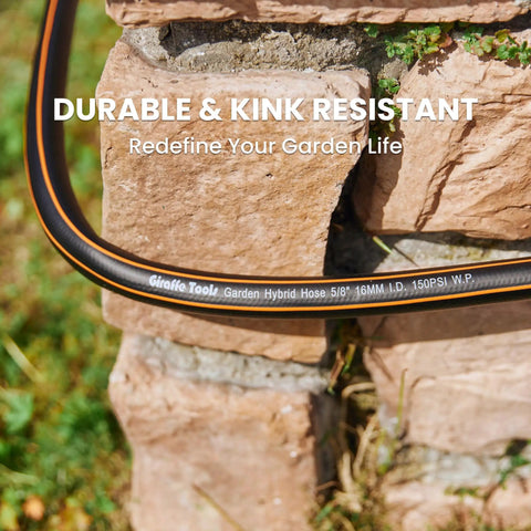 Close-up of Heavy Duty Garden Hose 6 Feet Long 5/8 Inch Hybrid Water Hose showing durability and kink-resistance on a brick wall.