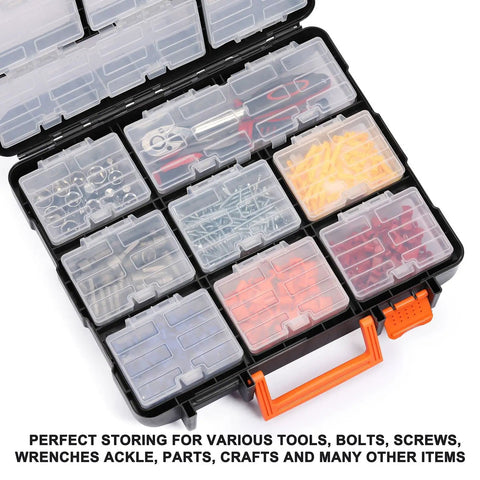 16 Compartment Detachable Toolbox Organizer With Removable Sections And Clear Lid filled with screws and tools