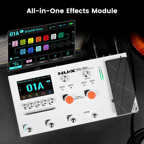 MG-50Li Multi Effects Pedal For Guitar And Bass With 14 Independent Signal Blocks 5 Hour Battery Life, white finish top view