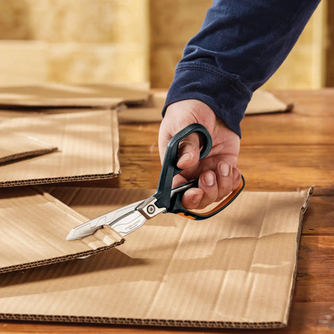 PowerArc 8 Inch Heavy Duty Shop Shears With Serrated Stainless Steel Blades cutting cardboard