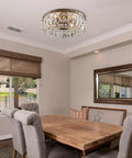 Antique Silver French Empire Crystal Semi Flush Mount Chandelier LED Ceiling Light Fixture over dining room table.