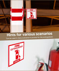 Two Pack Fire Extinguisher Inside Sign Stickers displayed on wall; red on white, glossy vinyl, 3x3 inch, waterproof, for indoor use