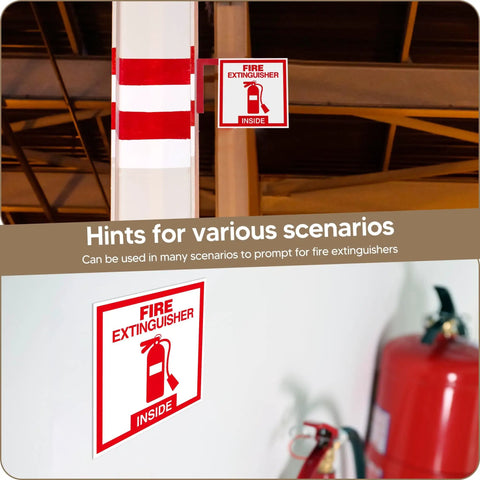 Two Pack Fire Extinguisher Inside Sign Stickers displayed on wall; red on white, glossy vinyl, 3x3 inch, waterproof, for indoor use