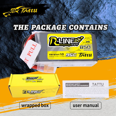 R Line 850mAh 14.8V 95C 4S LiPo Battery Pack With XT60 Plug, box, and user manual for FPV drones size 100 to 180