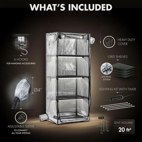 Mushroom Grow Tent With 6500K LED Light And Timer, Four Tier Shelves Fit Up To Eight Monotubs, mini greenhouse features