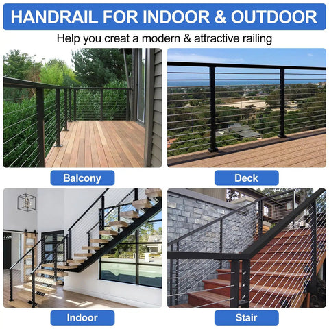 Top Shelf Six Foot Six Inch Stainless Steel Rectangular Handrail Cuttable Cable Railing System Black Flat Top Rail in balcony setting.