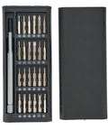 Cool 24 In 1 Precision Magnetic Screwdriver Kit With Aluminum Handle And Nickel Plated Bits For Phone PC Repair, Eyeglasses, Watches, And Electronics Fixing Jobs That Feel Like A Pro Move. Black case open with 24 precision bits and aluminum handle