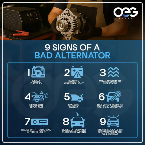 9 signs of a bad alternator infographic with visual cues, including dead battery and warning lights, featuring a Bulletproof 130A Alternator For Chevrolet Cruze 1.4L 2015 Straight Bolt On Replacement 12V Heavy Duty Charging Module That Runs Sweet Day After Day Without Drama.