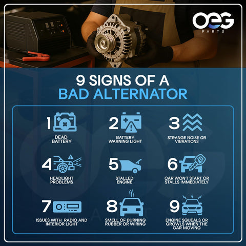 Mechanic holding alternator above a chart showing 9 signs of a bad alternator in automotive repair.