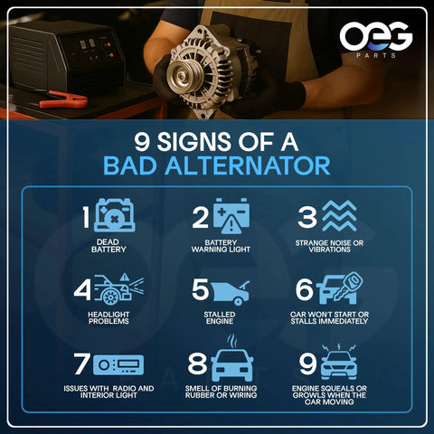 Person holding alternator next to list of 9 signs of a bad alternator with text overlay and OEG parts logo