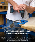 Person using concealed hinge jig for 35mm cup holes with drill, adjustable cabinet door tool, four-cutter carbide bit, Kreg.
