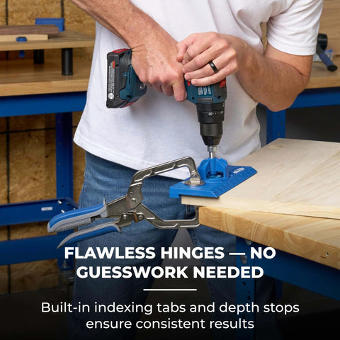 Person using concealed hinge jig for 35mm cup holes with drill, adjustable cabinet door tool, four-cutter carbide bit, Kreg.