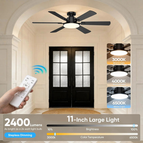 Smooth As Butter 52 Inch Ceiling Fan With Slick App And Remote Controls Featuring Whisper Quiet Motor Six Sleek Blades Dimmable Led Glow For Chill Living Room Setups in a stylish entryway.