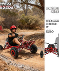 Off Road Gas Powered Go Kart With 63cc 2 Stroke Engine in action on dirt trail, steel tubular frame, 6-inch tires, for adults and kids