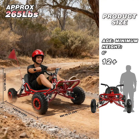 Rugged Off Road Go Kart for adults and kids, red frame, driving on dirt path, 6 inch all terrain tires, hydraulic brakes visible