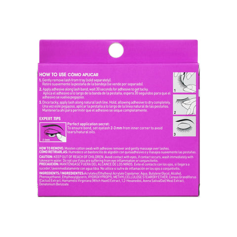 Back of box showing application tips for 5 Day Extended Wear Strip Lash Adhesive With Brush Applicator, Quick Dry Lash Glue instructions.