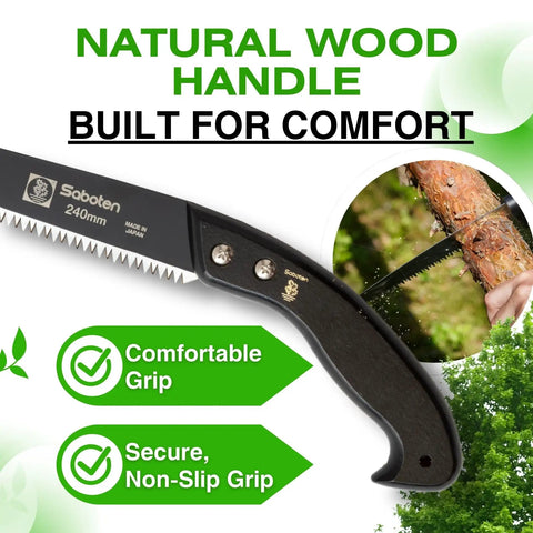 Japanese Pruning Saw With Fluorine Coated High Carbon Steel Blade 9.4 Inch Tooth Pitch 7.5 Millimeter Smooth Pull Cuts Wooden Handle
