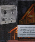 Weatherproof Outdoor 2 Gang Gray Junction Box 2 Inch Deep With Five 0.75 Inch Threaded Holes And Side Lugs, shown near a house