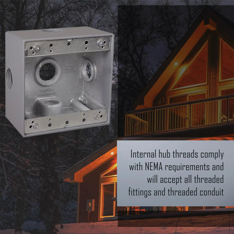 Weatherproof Outdoor 2 Gang Gray Junction Box 2 Inch Deep With Five 0.75 Inch Threaded Holes And Side Lugs, shown near a house