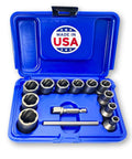 13 Piece Bolt Extractor Set Made In USA With Three Eighths Inch Drive For Stripped, Rounded, Or Frozen Bolts And Nuts Includes Impact Grade Lug Nut And Bolt Remover Sockets Built From High Grade American Drawn Steel in blue case