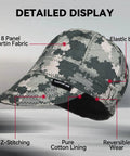 Detailed display of reversible welding cap with elastic retractable band, camouflage pattern, 8-panel design, fireproof cotton 10 oz.