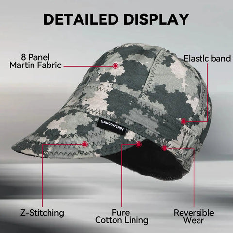 Detailed display of reversible welding cap with elastic retractable band, camouflage pattern, 8-panel design, fireproof cotton 10 oz.