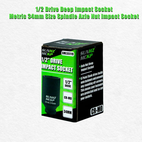 Half Inch Drive Impact Socket 34mm Deep 6 Point For Axle Nut Removal CRMO Steel Heavy Duty Metric Socket Box