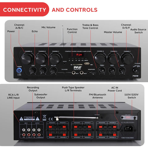 Front and back view of Bluetooth Wireless Home Amplifier System With 6 Channel Power 750 Watts for controls and connectivity