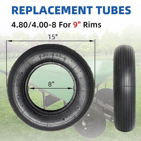 Heavy Duty 4.80/4.00-8 Tire And Inner Tube Set Two Pack, 15 Inch Diameter Replacement For Wheelbarrow Dolly Garden Wagon