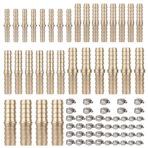 Brass Hose Barb Fittings Kit With 32 Pieces And 46 Pipe Clamps For Water Fuel And Air Lines Splicer Mender Set In Three Sixteenths Inch One Quarter Inch Five Sixteenths Inch Three Eighths Inch And One Half Inch Sizes Heavy Duty