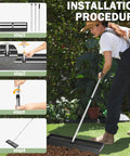 Installation procedure for Heavy Duty Lawn Leveling Rake 45x10 Inch Stainless Steel Head With Adjustable Handle shown in steps.