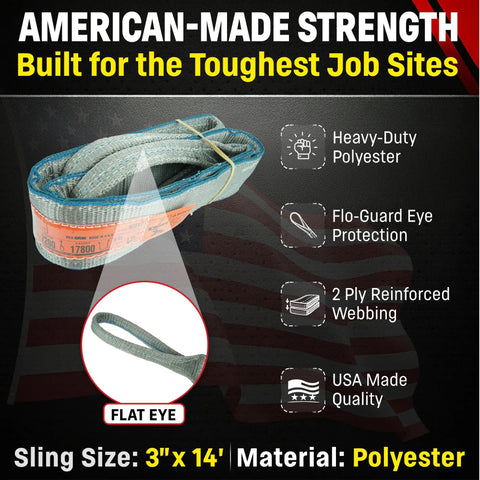Made In USA 3 Inch By 14 Foot Polyester 2 Ply Lifting Eye To Eye Rigging DD Sling with USA Made Quality